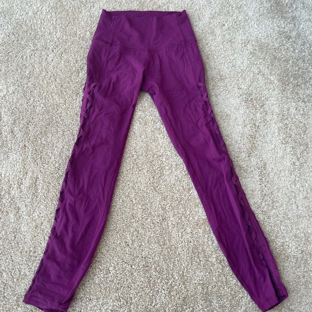 Lululemon Purple Leggings With Mesh & Criss Cross